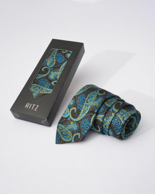 Black base with Blue and Turmeric Yellow Paisley Neck Tie
