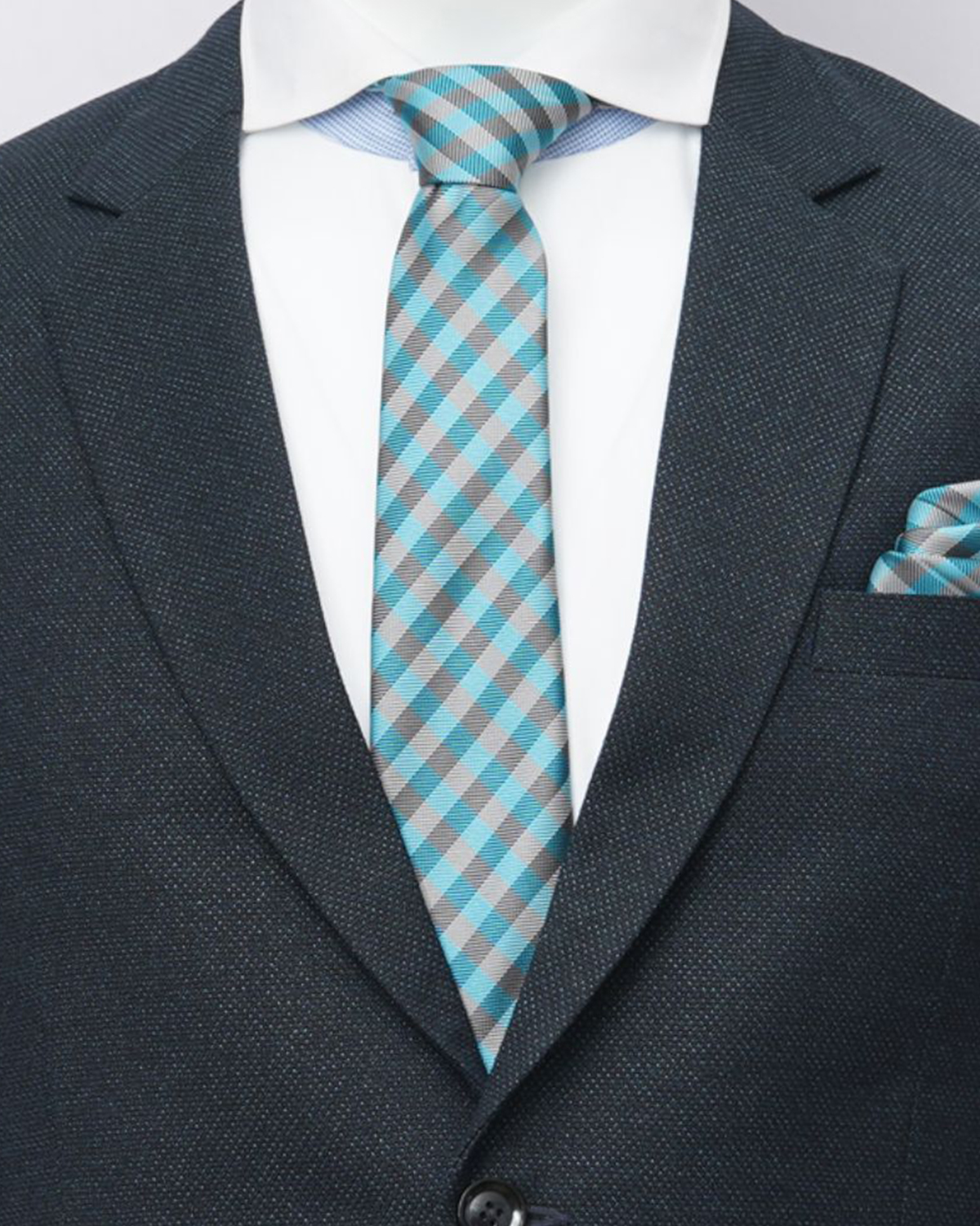 Steel, Aqua and Gray Checks Neck Tie - Image 2
