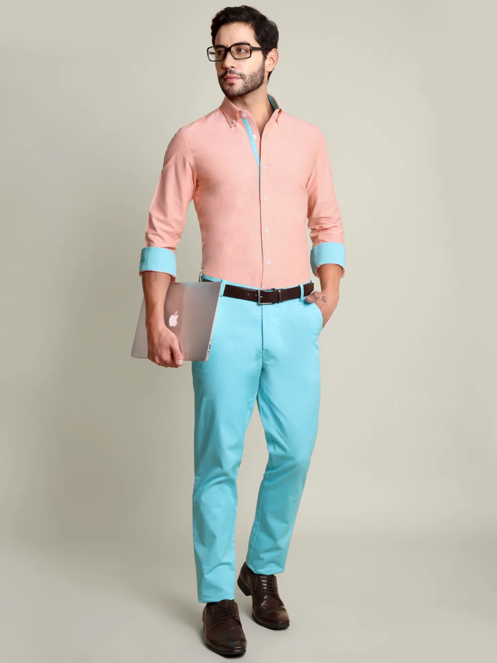 Peach Orange Oxford Shirt and Cotton Turquoise Chino Pair