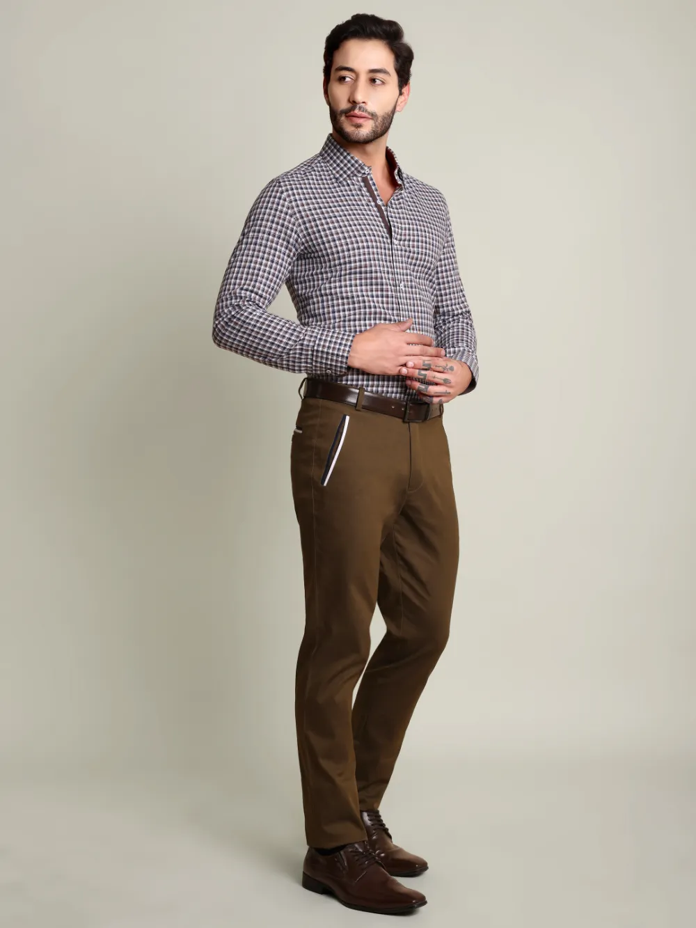 Brown and Navy Grid Shirt with Stretch Brown Chino Designer Pair