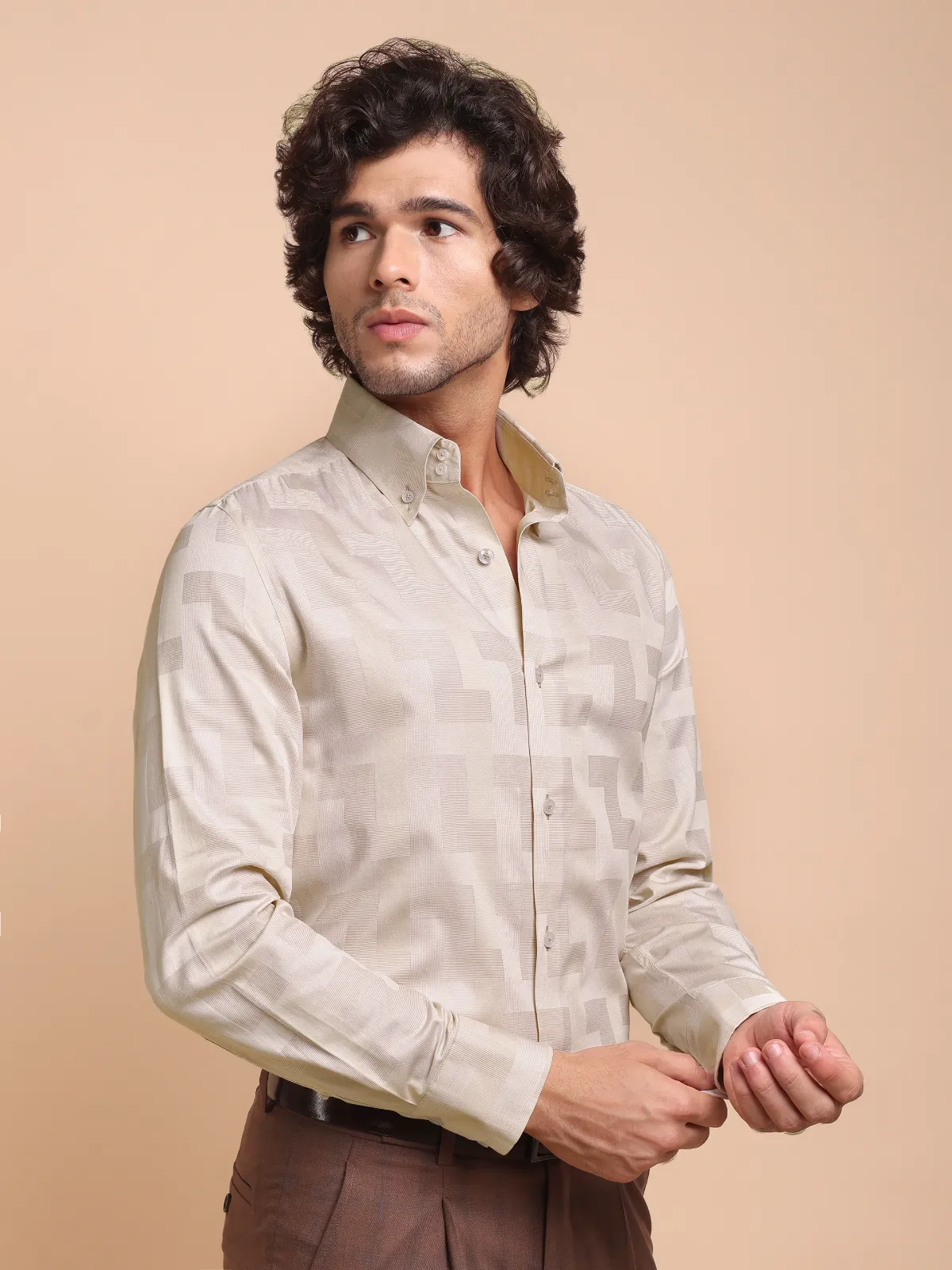 Brushed Gold Pure Cotton Shirt with Unique Self Pattern