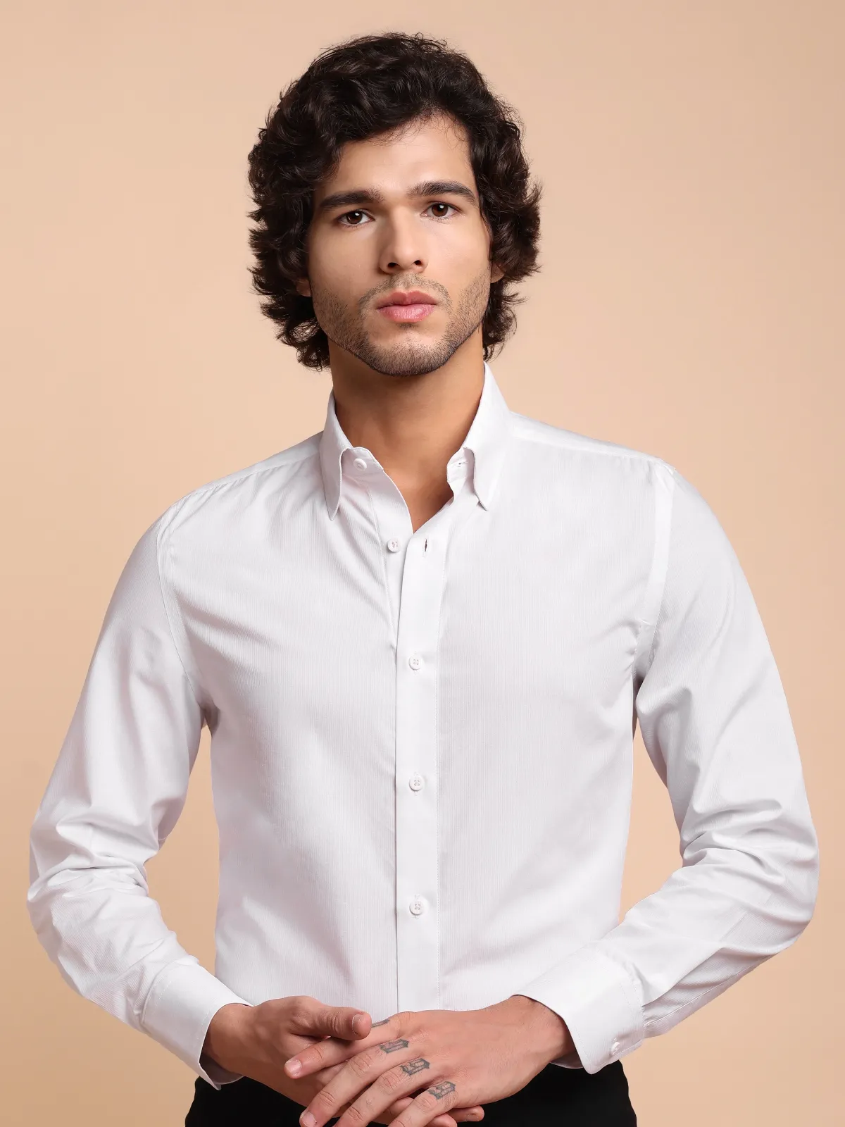 Premium Pure Cotton White Dress Shirt with self pinstripes.